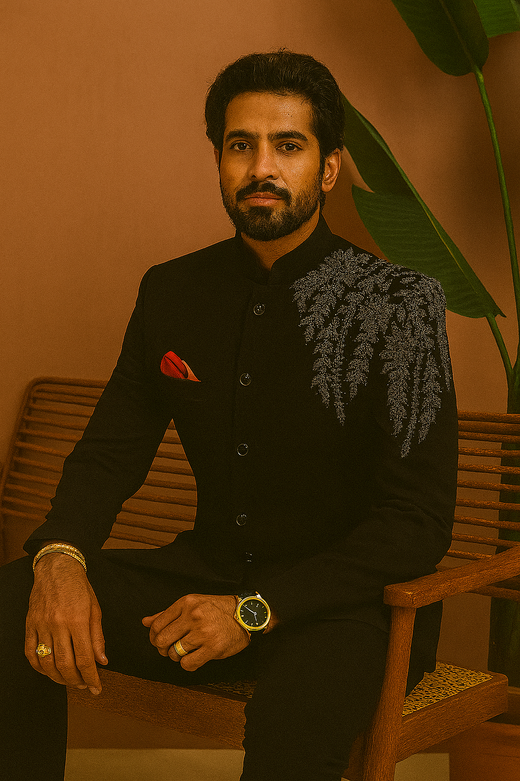 A side view of the man in the Jodhpuri set, showing the sleek silhouette of the outfit.

