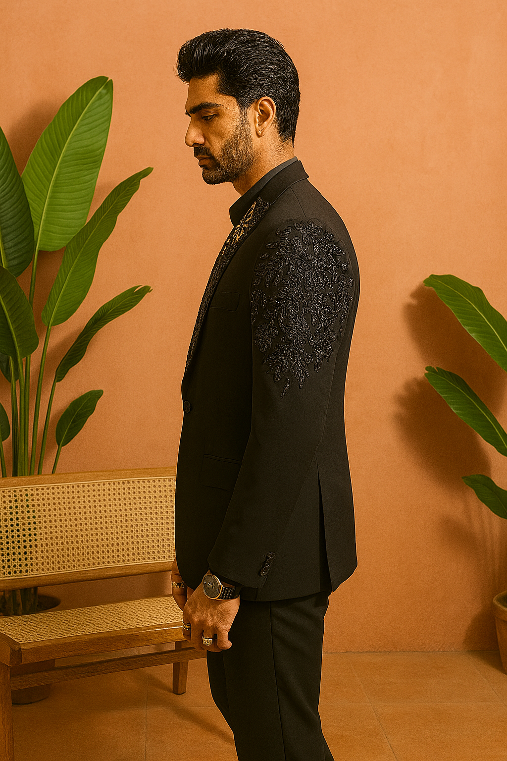 A side view of the man in the sleek black tuxedo, showing the cut and fit of the blazer and pants.