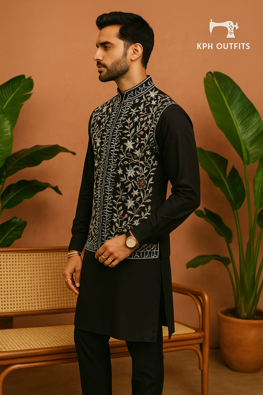 Men's Black Handcrafted Nehru Jacket Set with Mixed Work – Premium Ethnic Wear by KPH Outfits