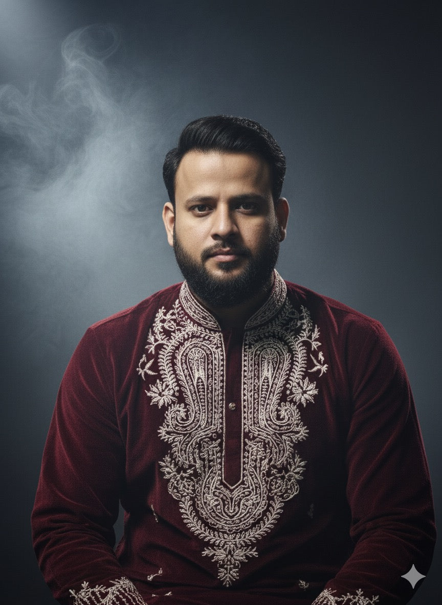 Maroon Velvet Kurta with Detailed White Embroidery - Kph Outfits