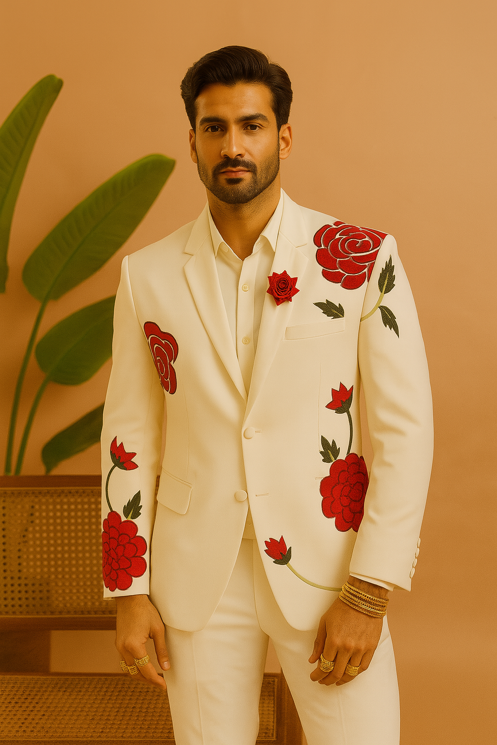 Men's Exclusive Designer Rose Embellished Stylish Tuxedo Suit
