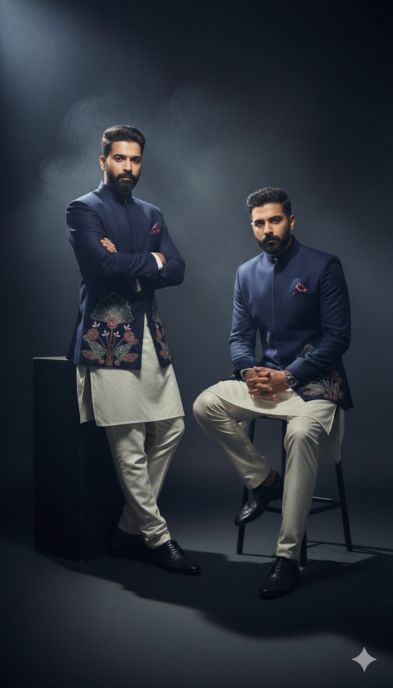Navy bandhgala set with handcrafted floral embroidery – luxury men’s wear