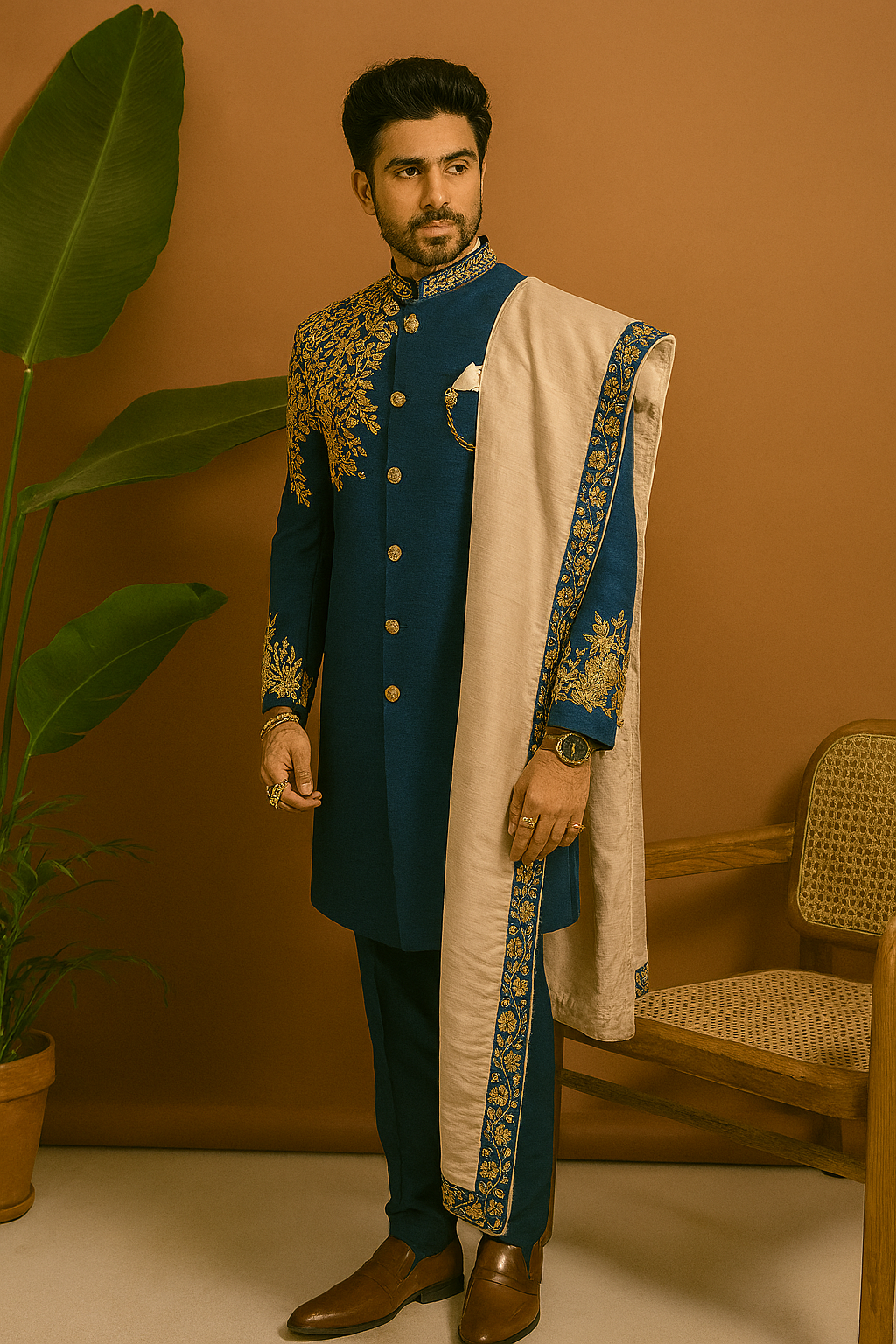 Turkish Blue sherwani with hand-stitched Zardosi embroidery – KPH Outfits