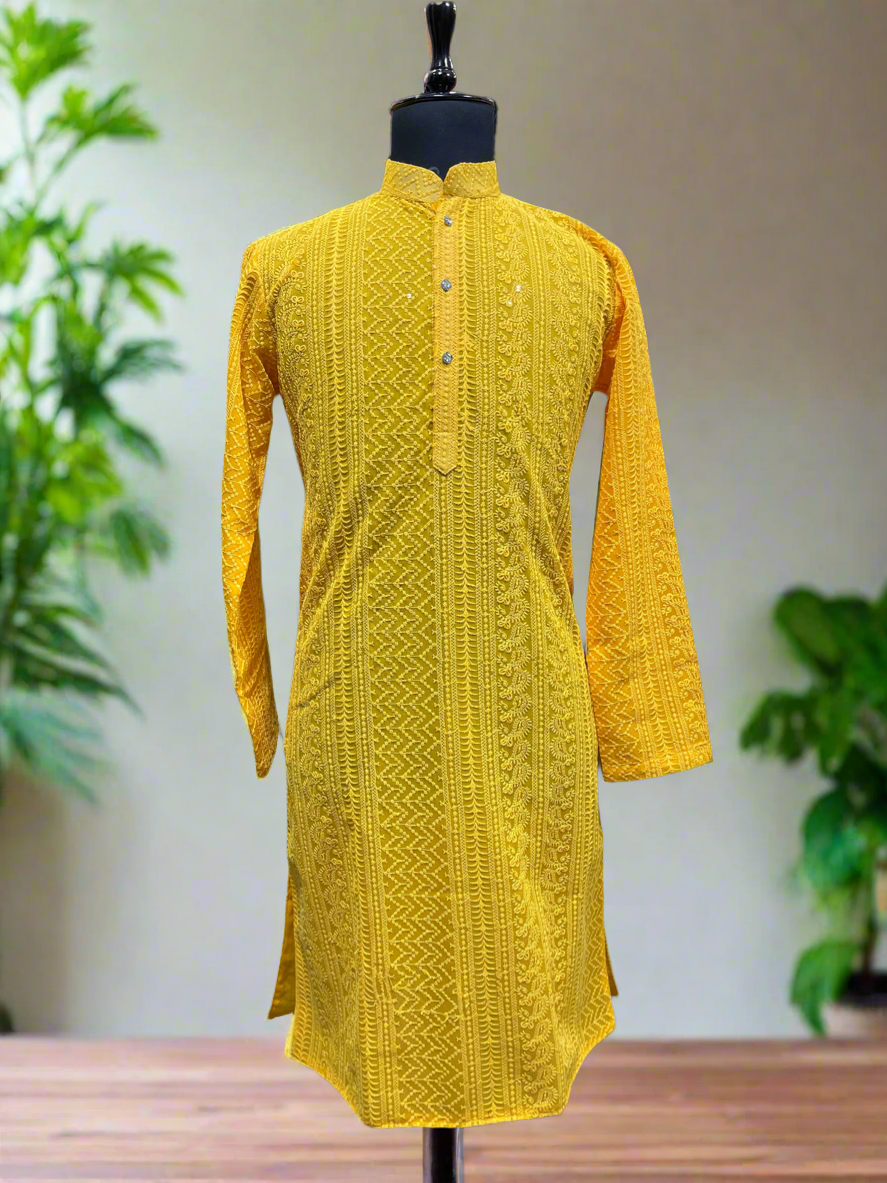 Elegant Men's Yellow Kurta Set with Lakhnavi Detailing for Weddings