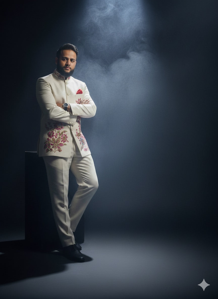 Designer men's ethnic wear featuring unique floral thread work on the lower panel