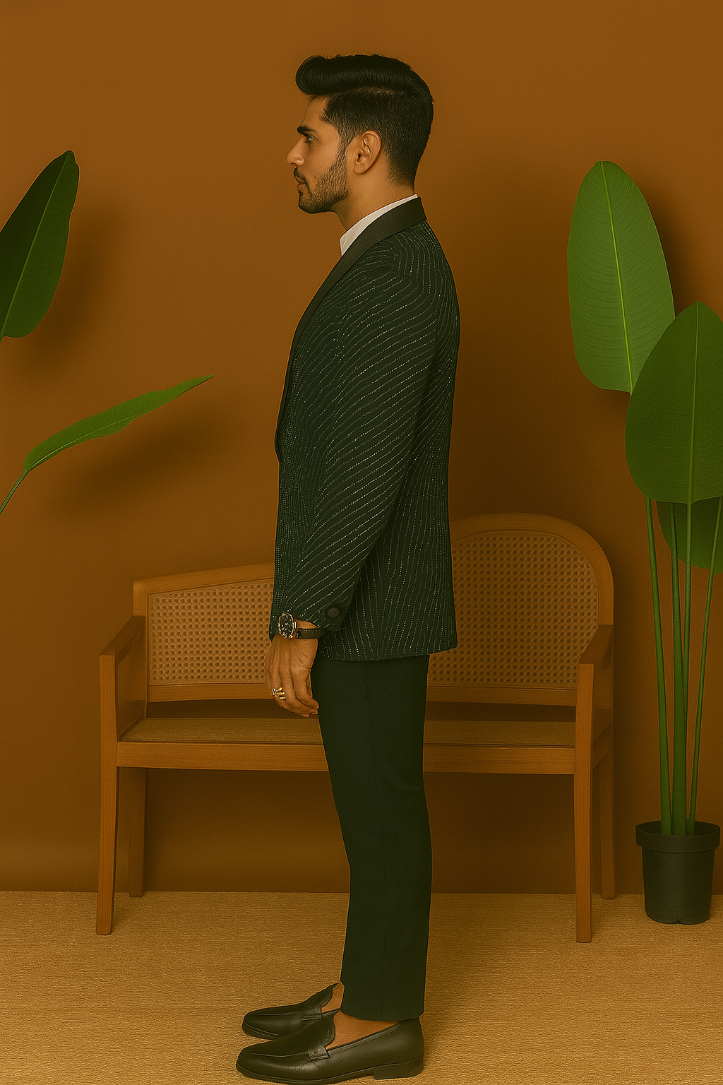 A front view of a man in a green tuxedo with an all-over crystal embellished design, posing elegantly.


