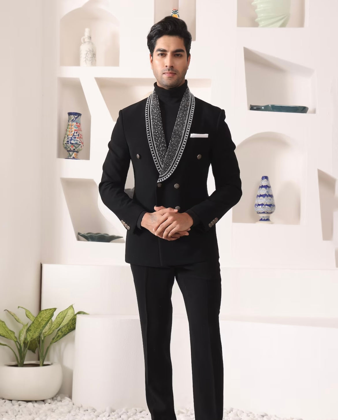 Men's Black Double Breast Shawl Lapel Tuxedo Suit