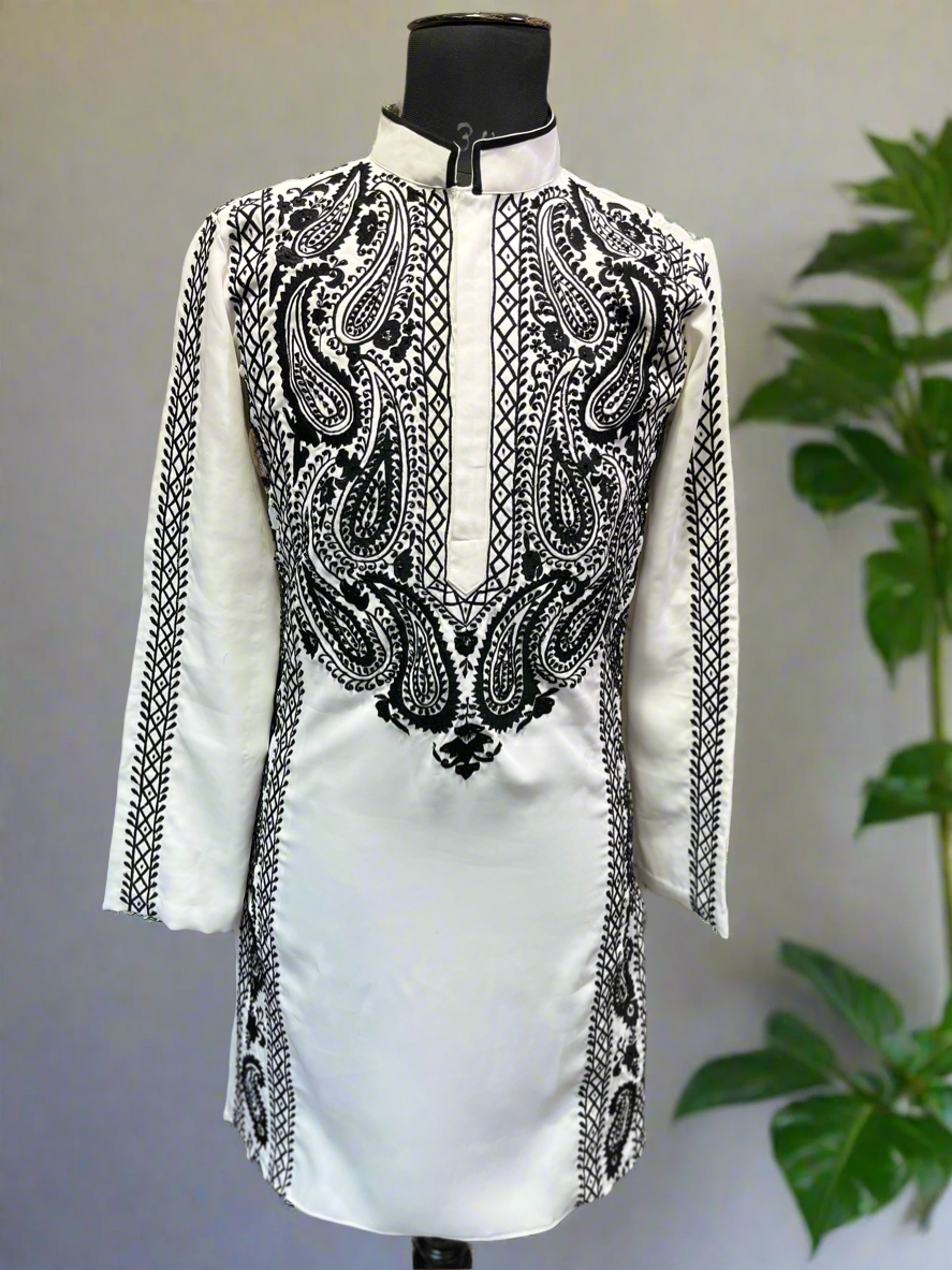 Front view of Men's White Handcrafted Cutdana and Thread Embellished Kurta Set - KPH Outfits