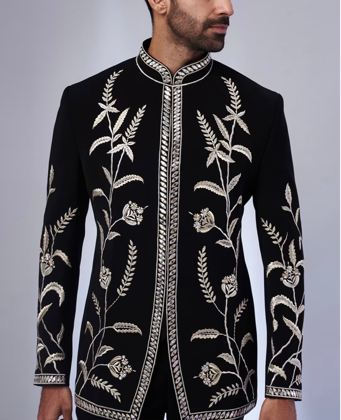 Men's Black Thread Embellished Leaf Design Bandhgala Suit