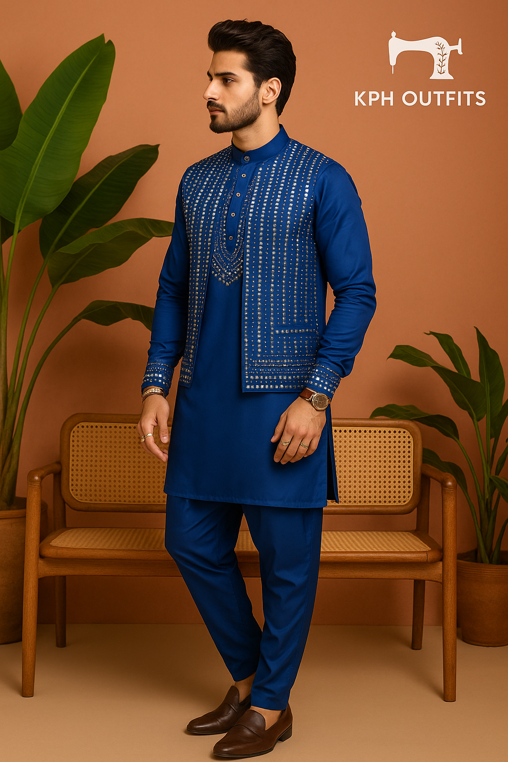 Men's Navy Blue Abhinav Mishra Inspired Real Mirror Waistcoat Set - Exclusive Elegance by KPH Outfits