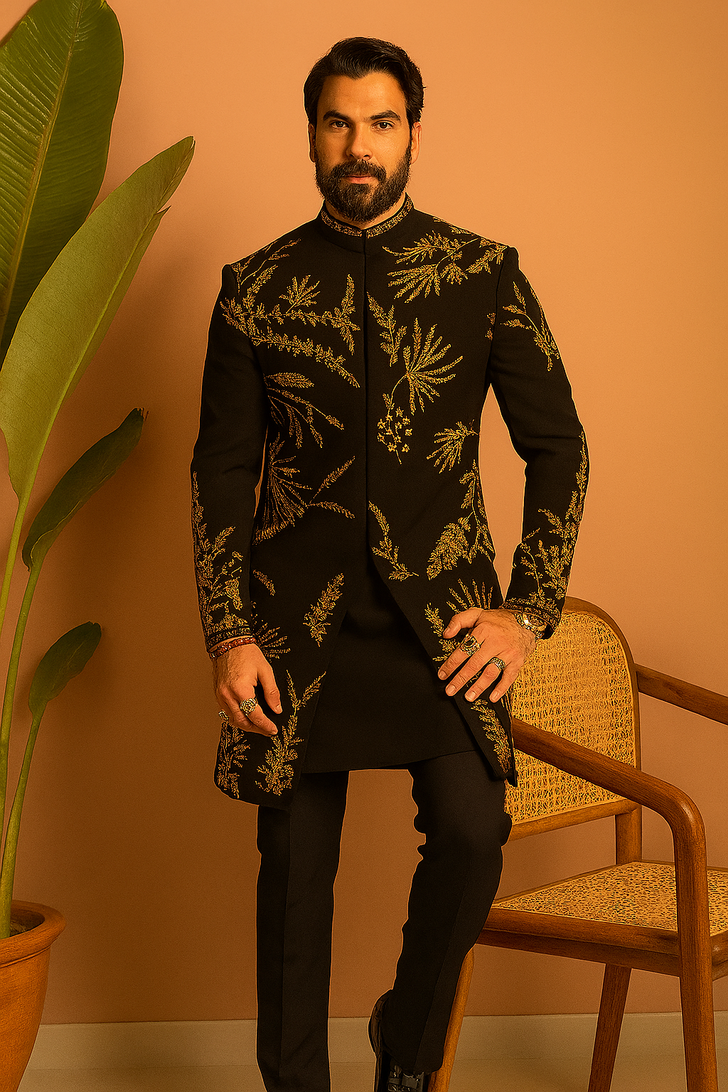 Bollywood-style gold embellished Indo-Western jacket for grooms – KPH Outfits