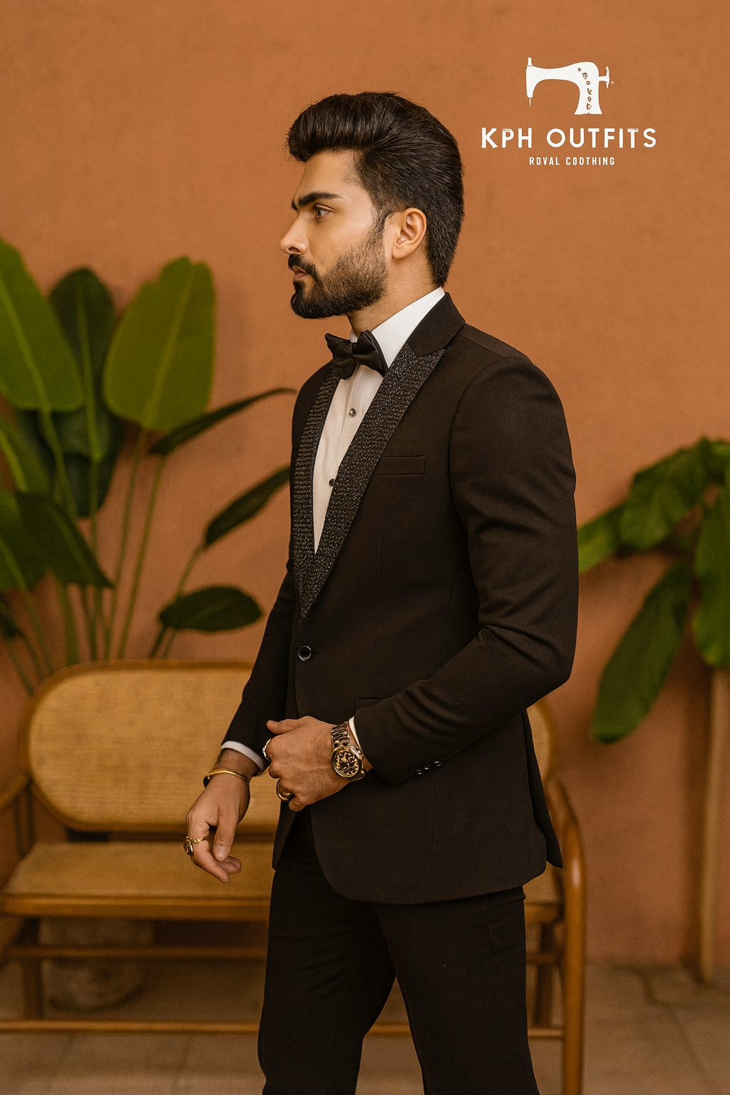 Men's Handcrafted Black Peak Lapel Tuxedo in Japanese Fabric- KPH Outfits