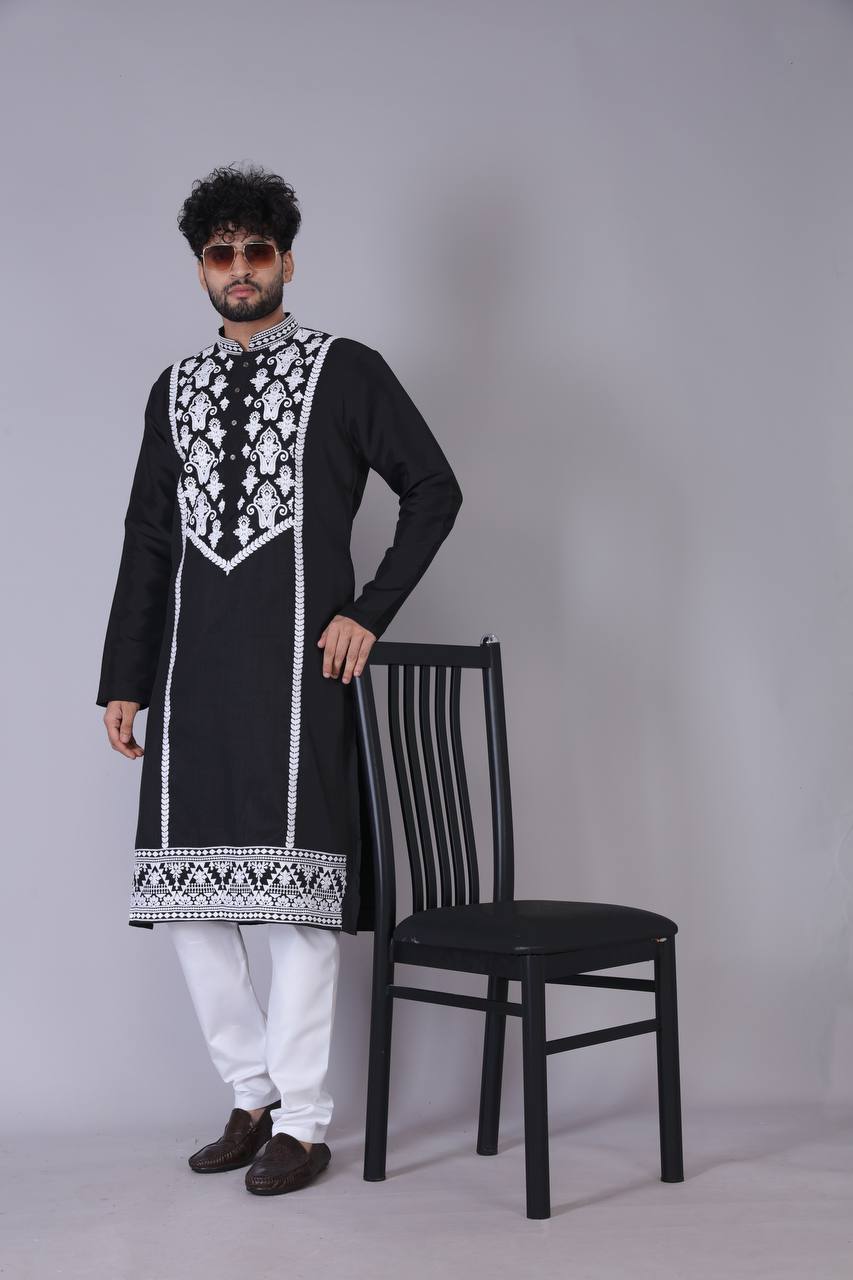 Men's Black Stylish Neck Pattern kurta Set