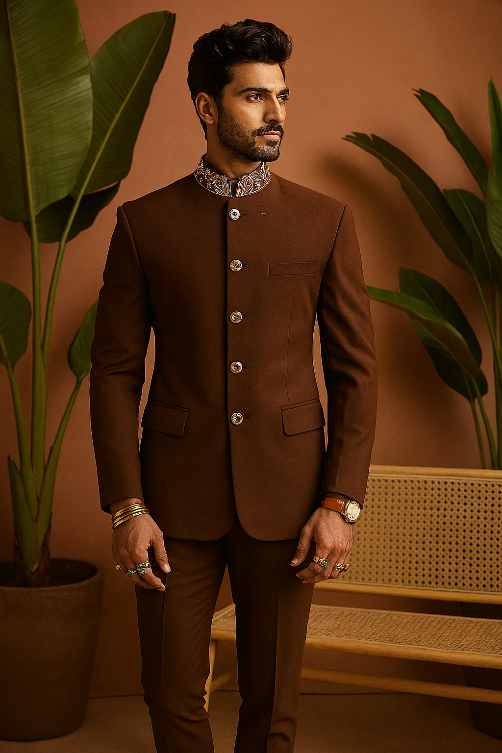 A photograph of a man in a stylish bandhgala suit, highlighting the quality of the fabric and the unique design.

