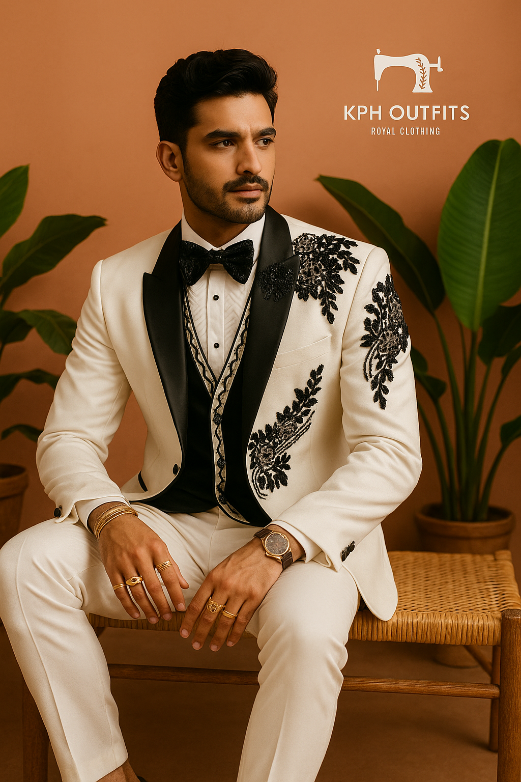 Men's Exclusive Ivory Designer Handcrafted Stylish Tuxedo Suit – Luxury Designer Wear by KPH Outfits
