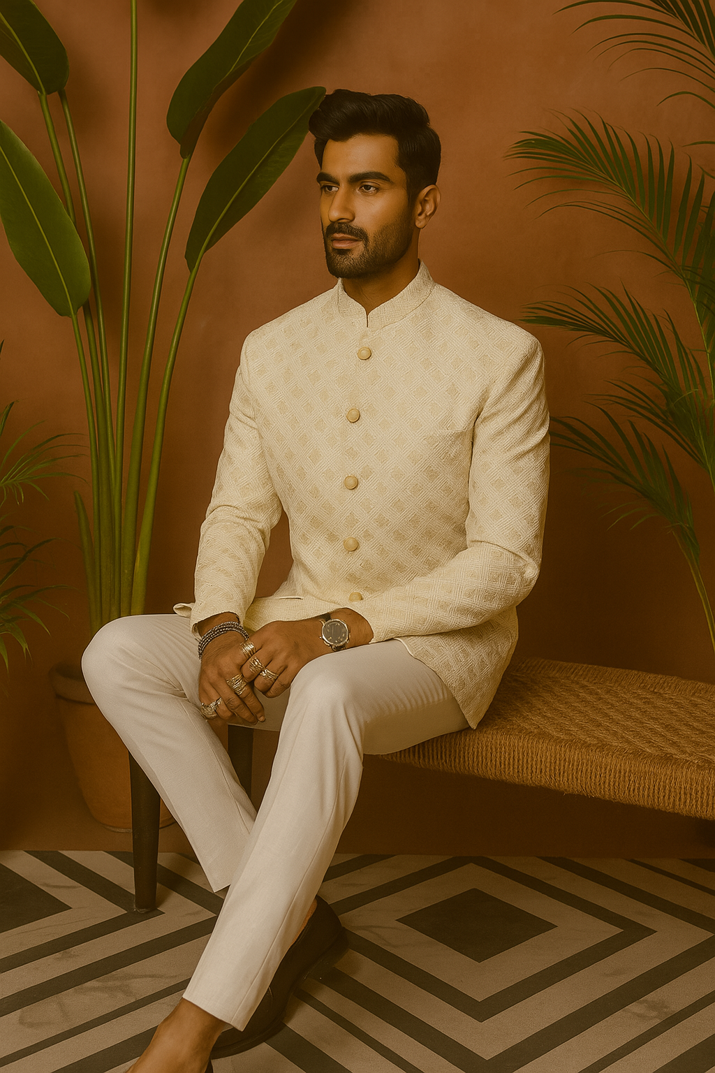 Groom Jodhpuri outfit with high neck collar in ivory – KPH Outfits