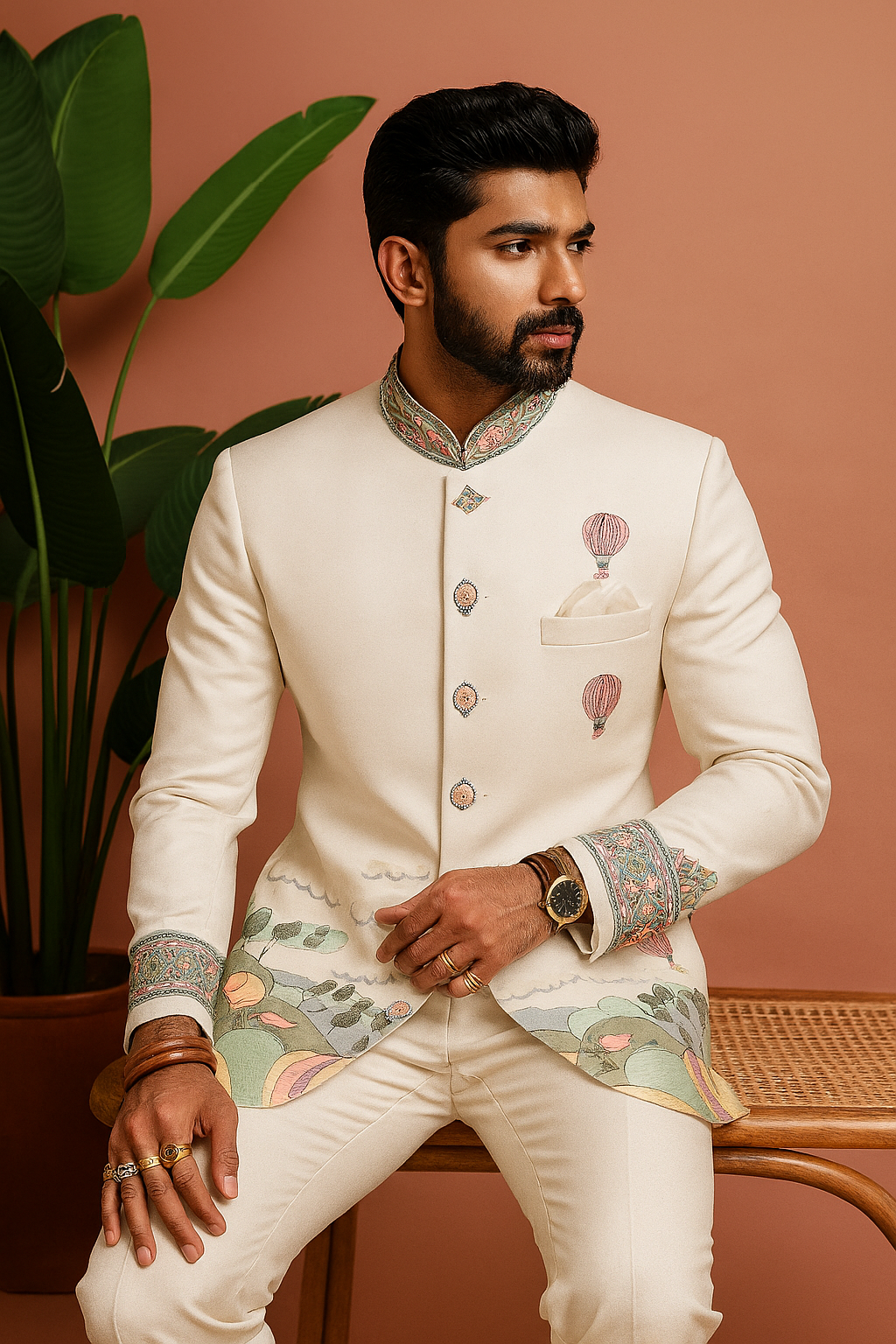 A front view of a man wearing a white Jodhpuri jacket with intricate multi-colored thread embellishments, paired with white pants.