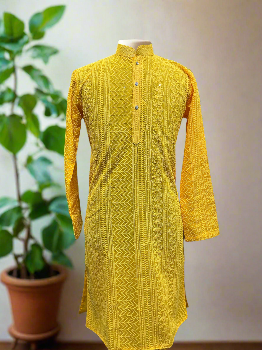 Close-up of Intricate Lakhnavi Embroidery on Yellow Kurta for Men