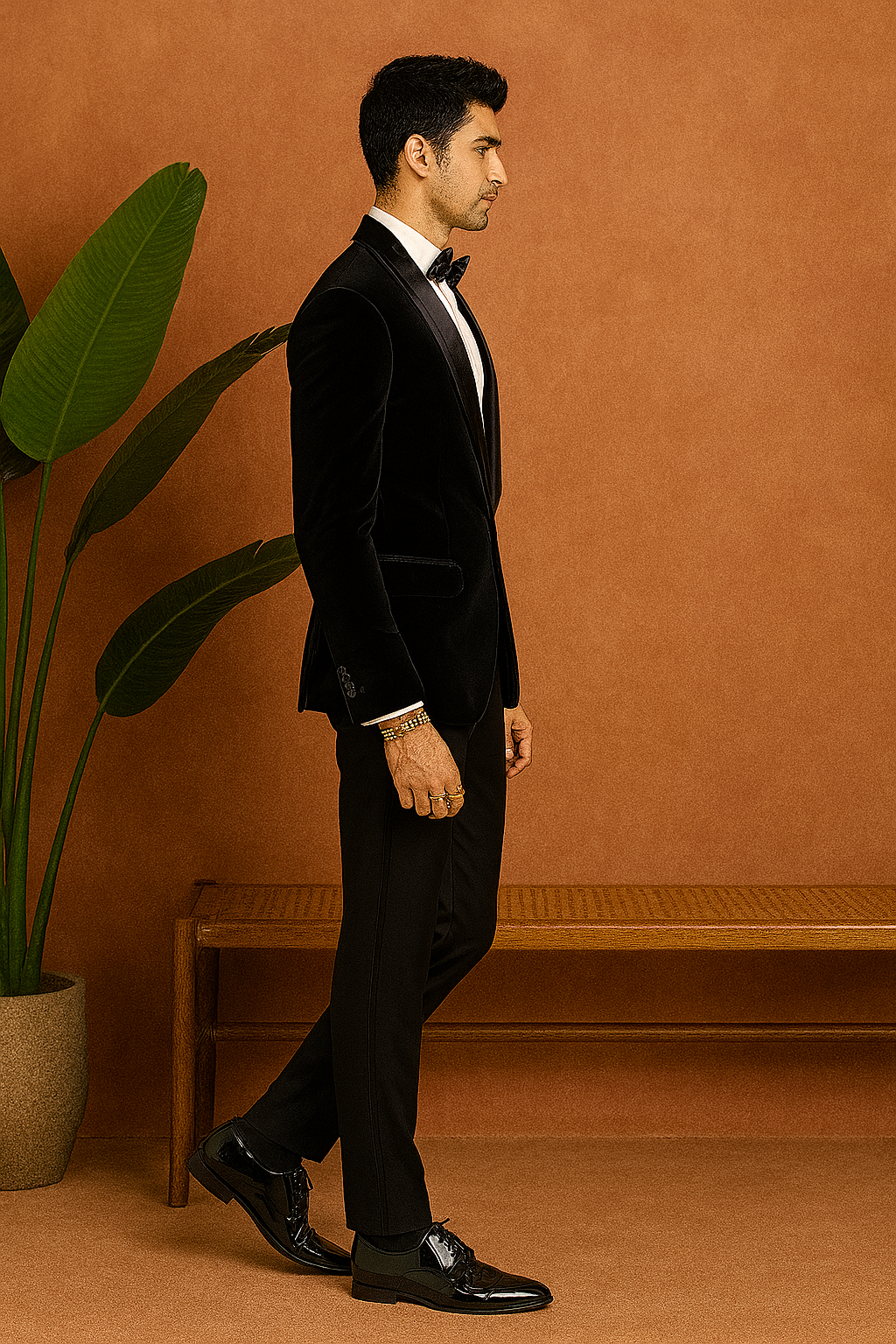 A photograph of a man in a stylish Jodhpuri set, highlighting the quality of the fabric and the unique design.

