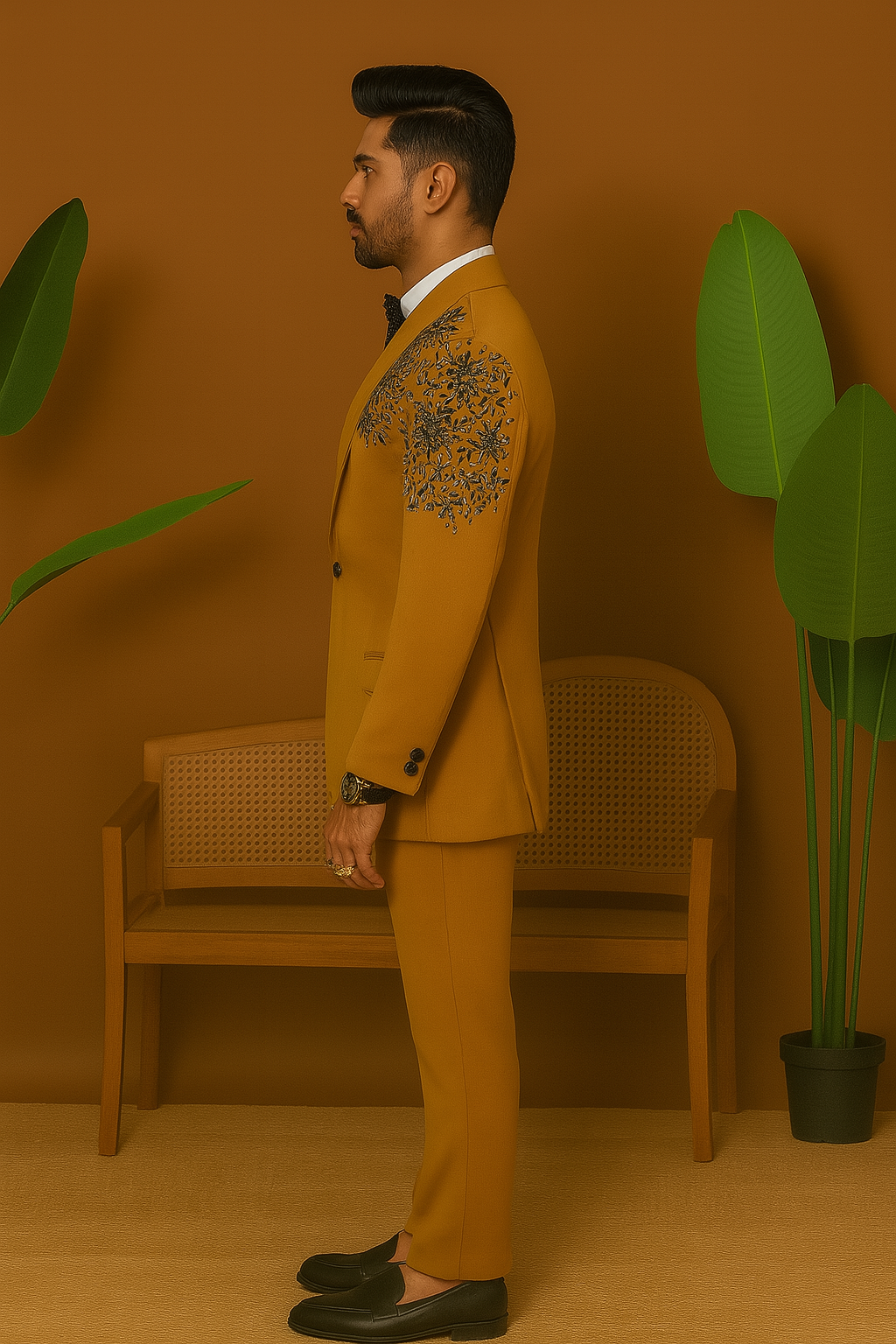 A front view of a man in a mustard-colored tuxedo suit with sparkling crystal embellishments on the blazer.

