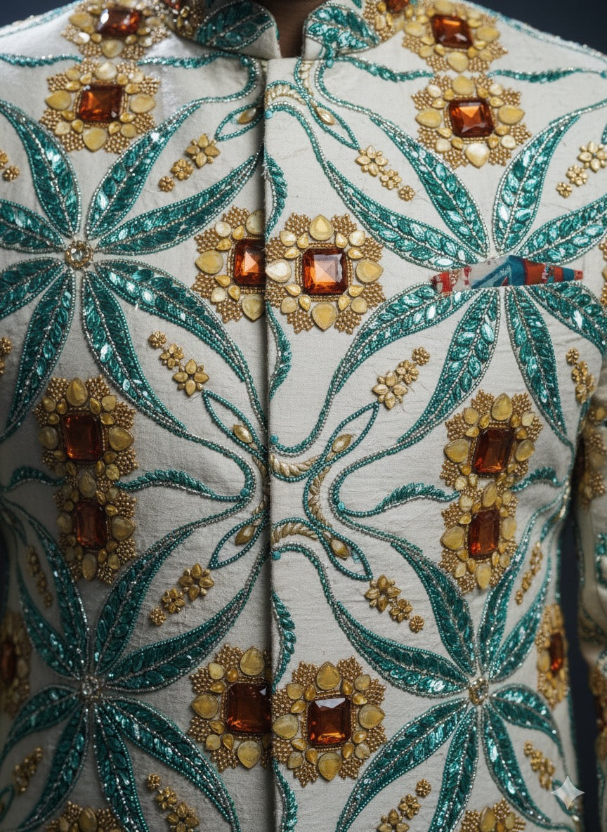 Close-up of luxury Bandhgala embroidery with aqua thread and gold moti work