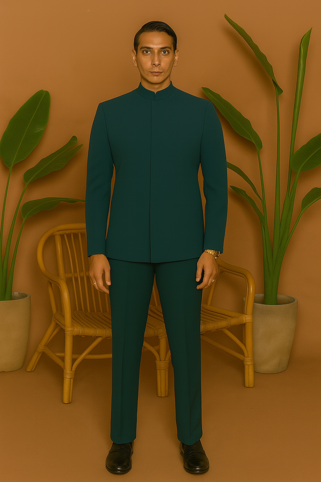 A man wearing a peacock green Bandhgala suit made of Japanese fabric, styled for a formal event.