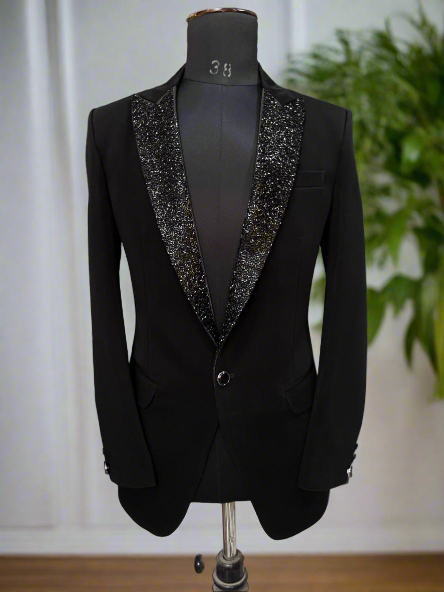 Men's Handcrafted Black Peak Lapel Tuxedo in Japanese Fabric- KPH Outfits