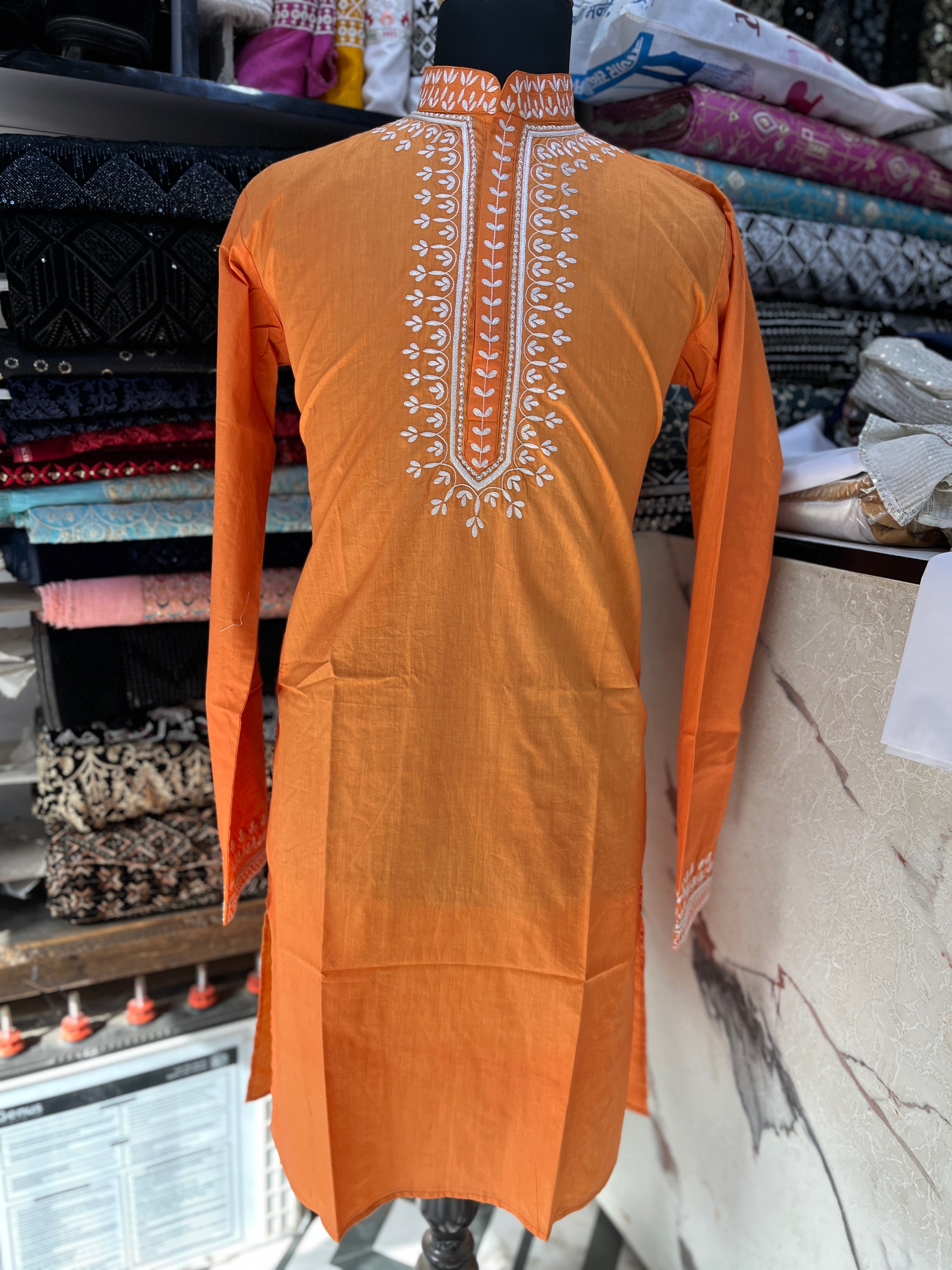 Men's Orange Neck Embroidery Cotton kurta Set