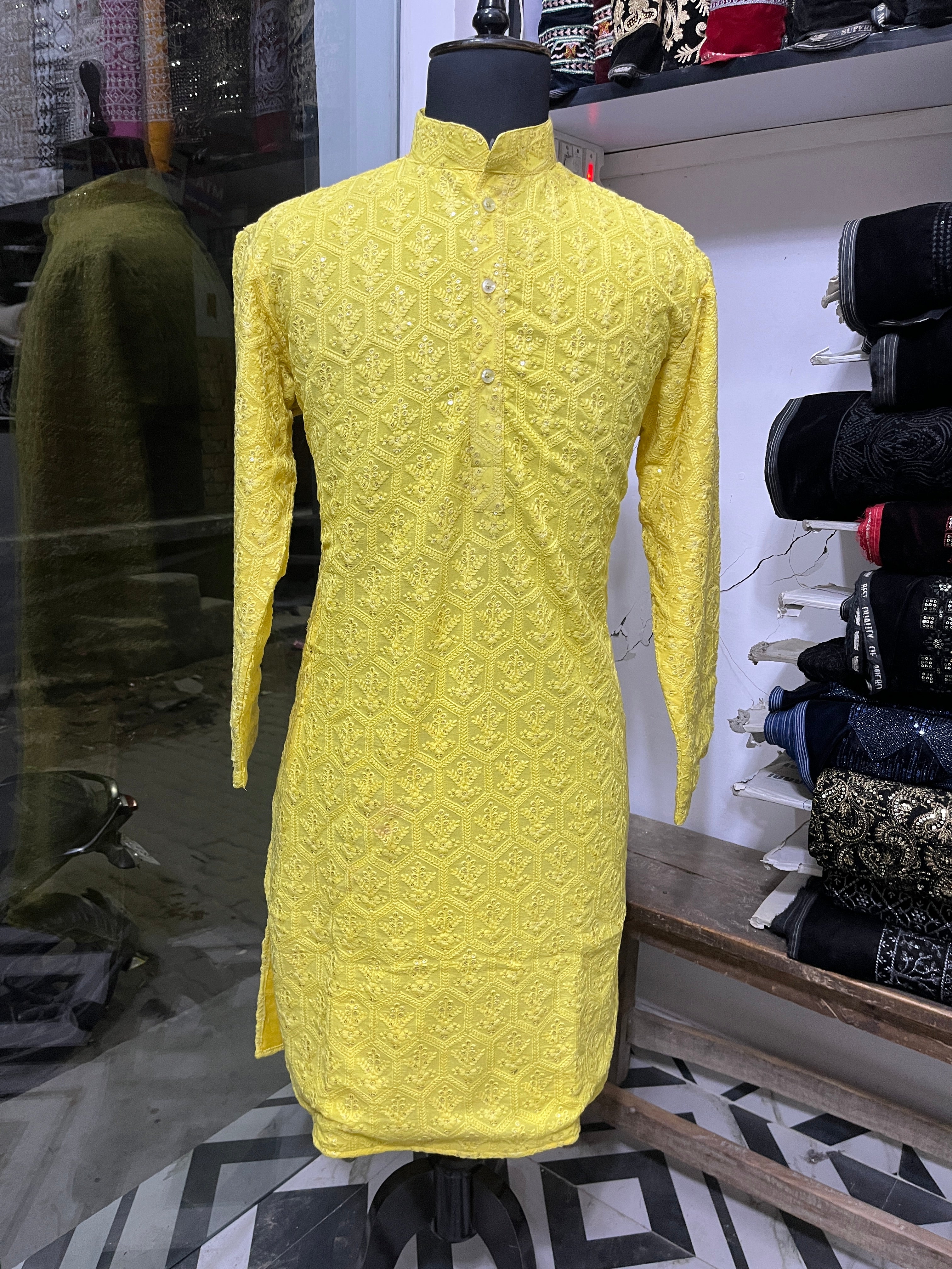 Men's Yellow Exclusive Lakhnavi Kurta Set