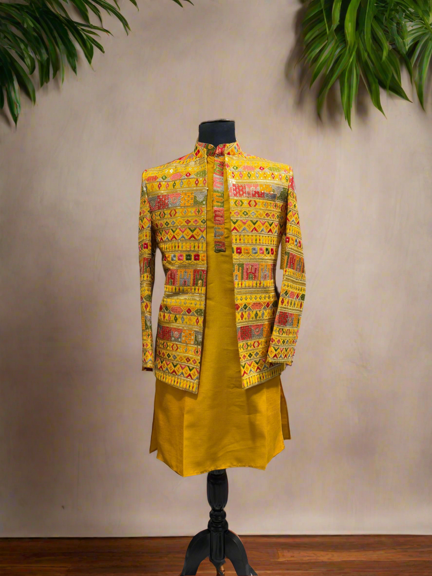 Men's Haldi Special Designer Comfortable Jodhpuri Set - Elegant Yellow Kurta Pajama & Jodhpuri Set by KPH Outfits