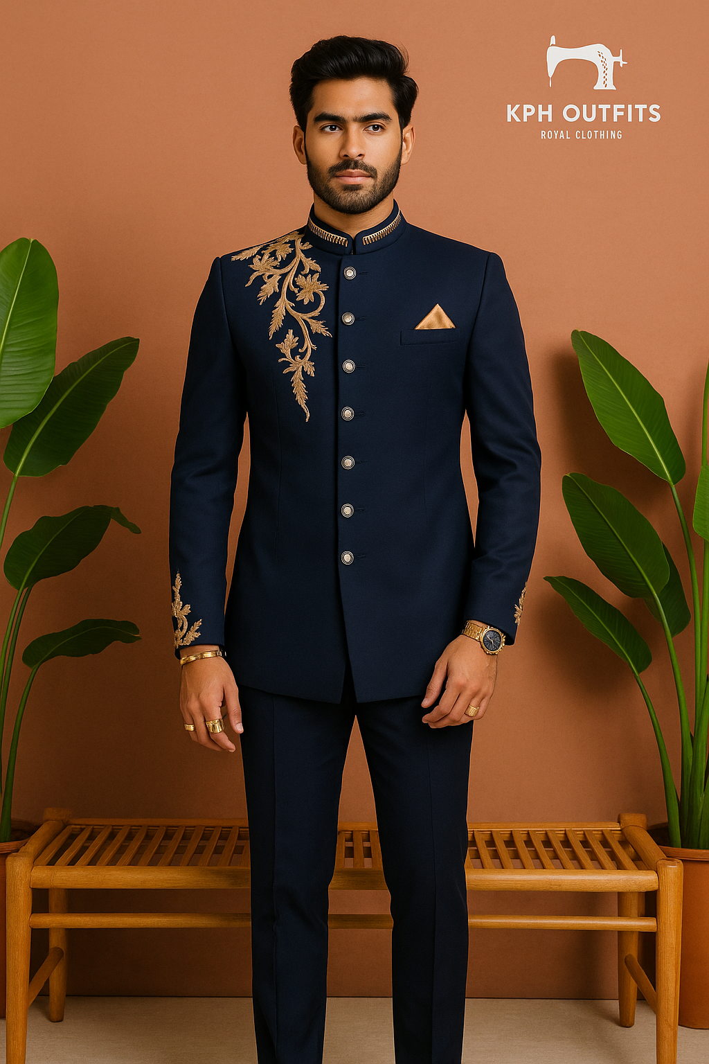 Men's Navy Blue Handcrafted Zardozi Work Style Jodhpuri Set – Elegant Wedding Wear by KPH Outfits