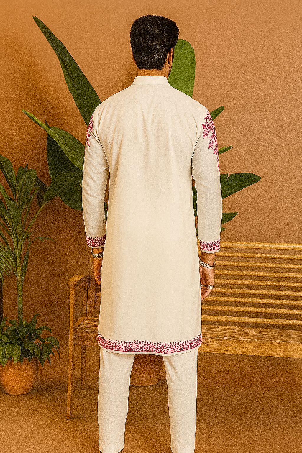Back view of men’s embroidered kurta set in white Japanese fabric
