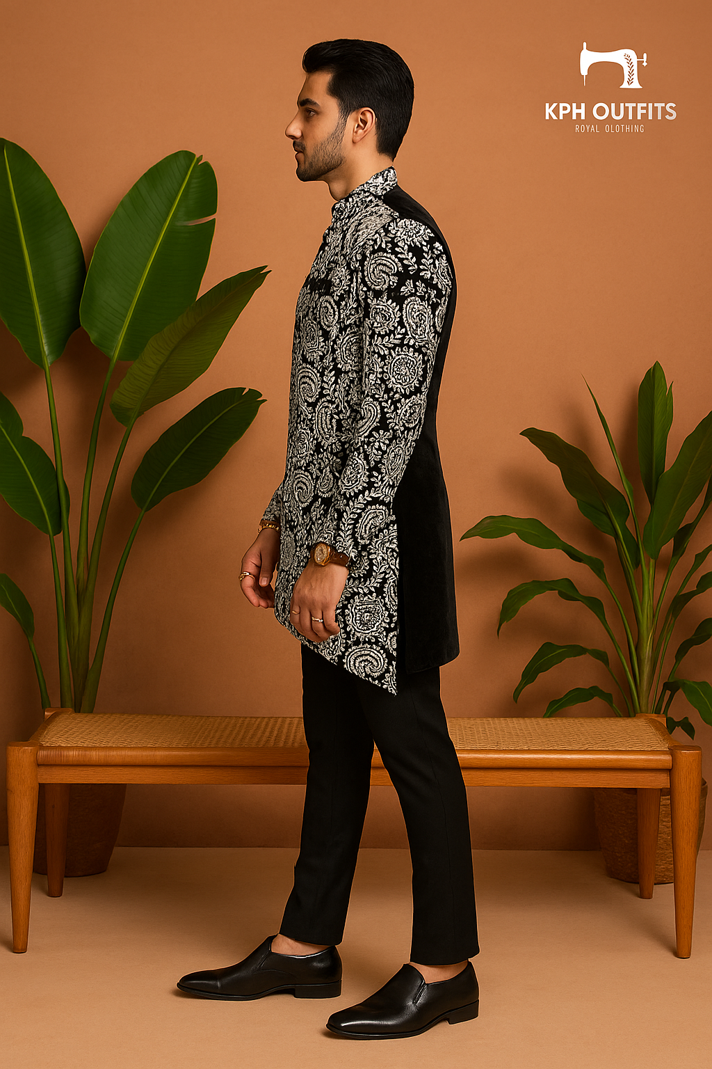 Men's Exclusive Black Velvet Draped Style Indo-Western Set - Elegance and Style by KPH Outfits