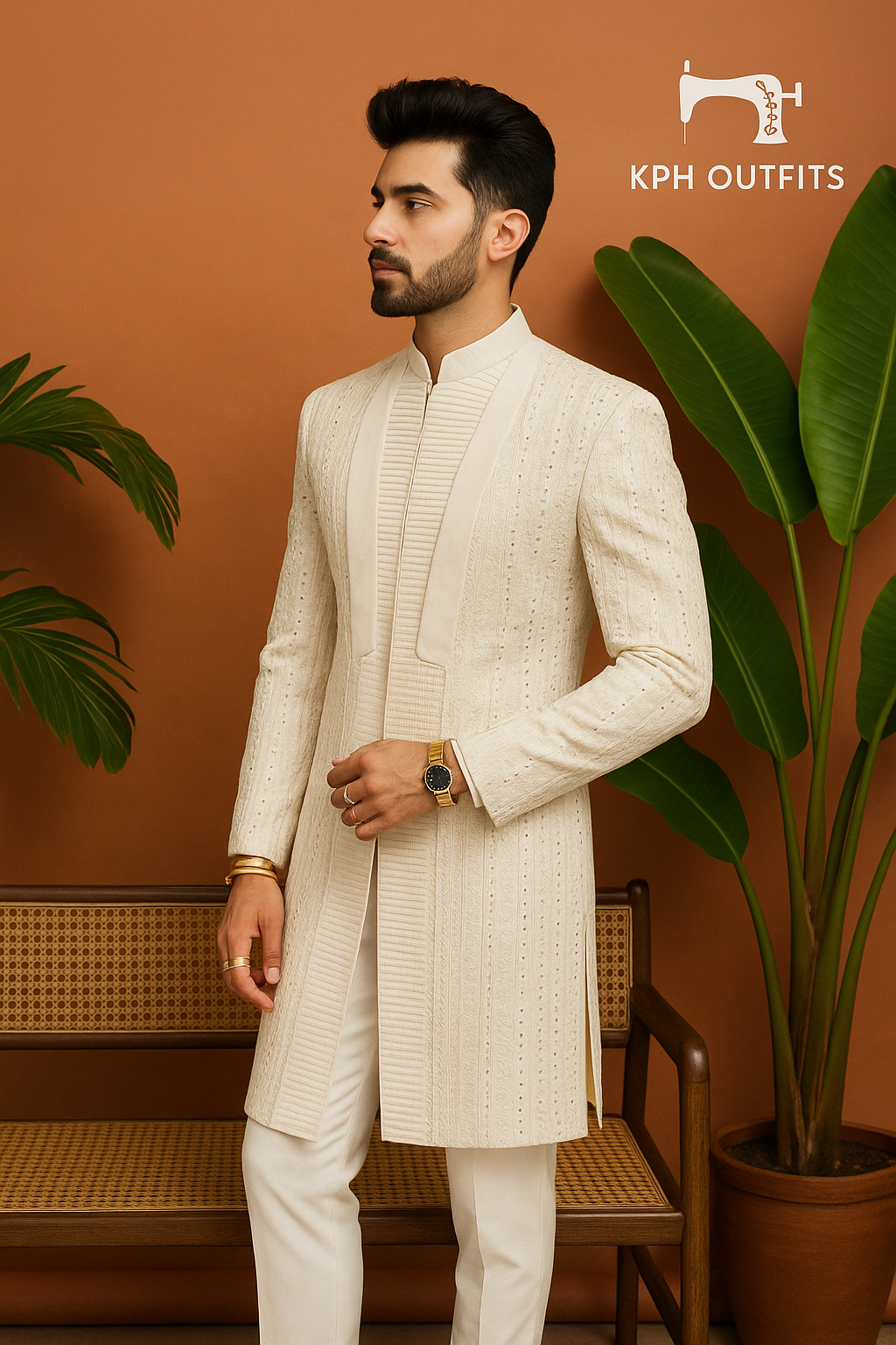 Men's Exclusive Ivory Cut Style Indo-Western Set - Timeless Elegance by KPH Outfits