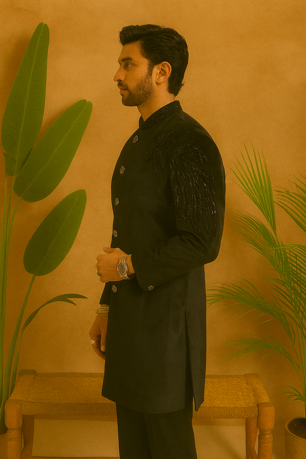 Men's black velvet indo-western draped sherwani set – KPH Outfits