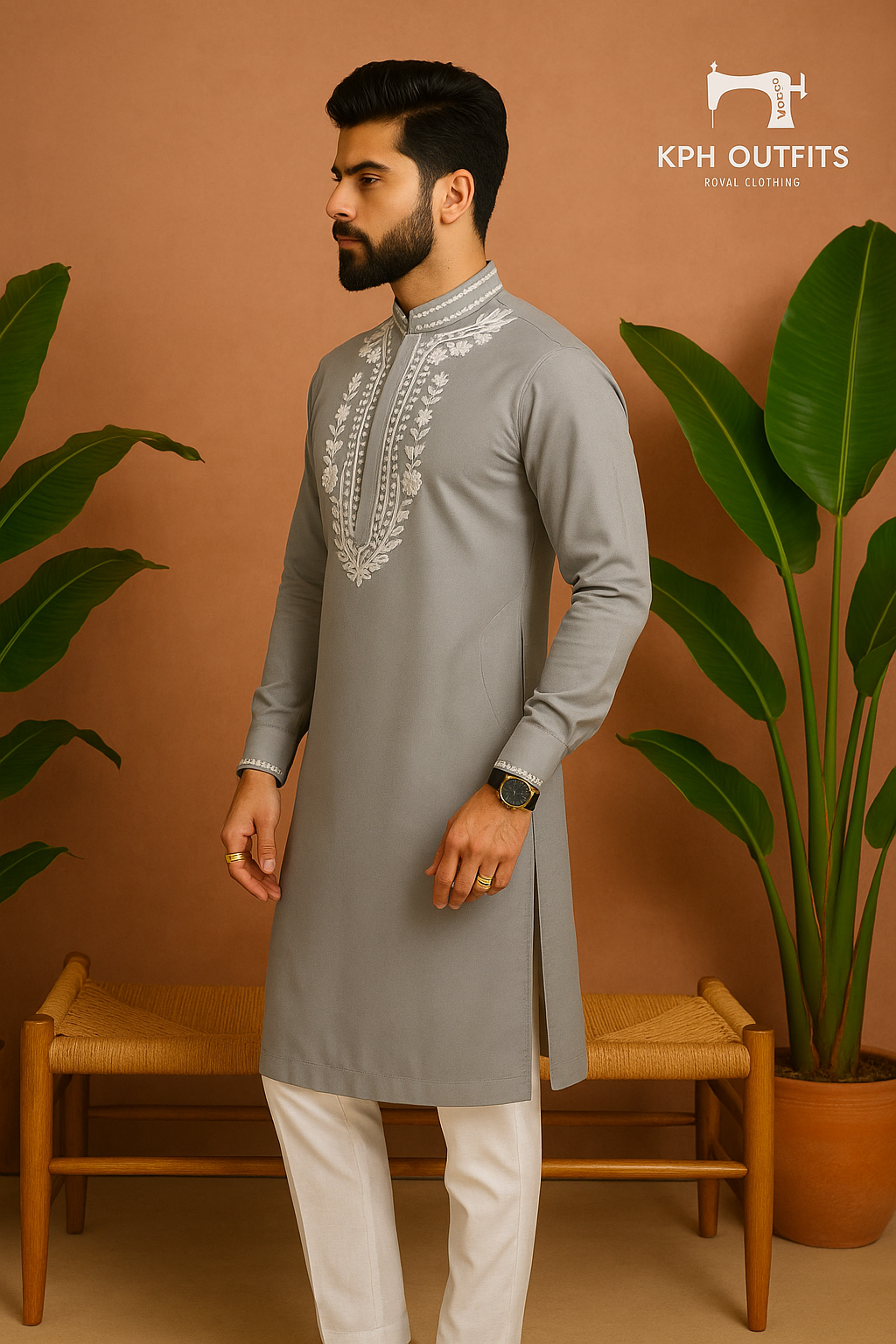 Men's Grey Handcrafted Neck Style Kurta Set - KPH Outfits