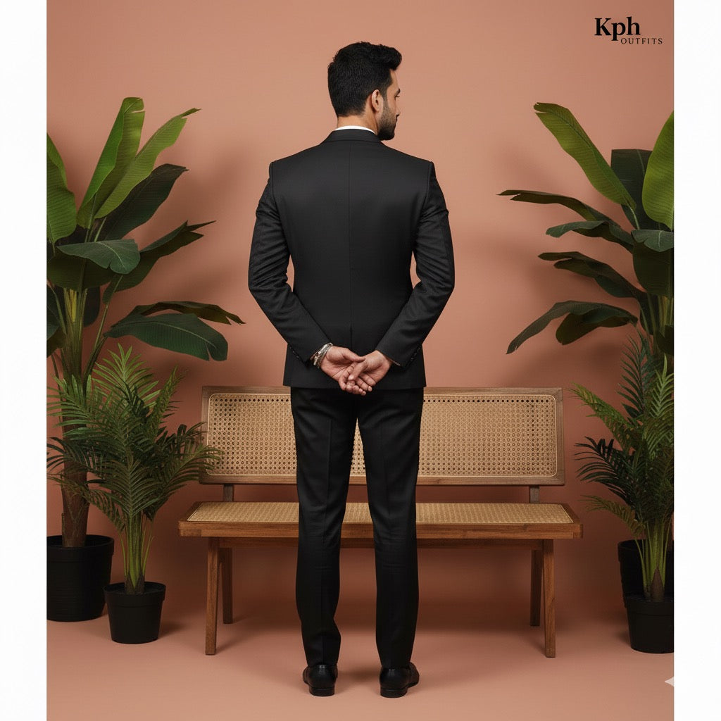 Stylish black tuxedo for wedding reception with regal golden embroidery