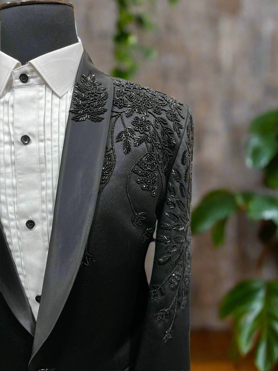 Men's Handcrafted Black Shawl Lapel Tuxedo in Donear Fabric - KPH OutFits