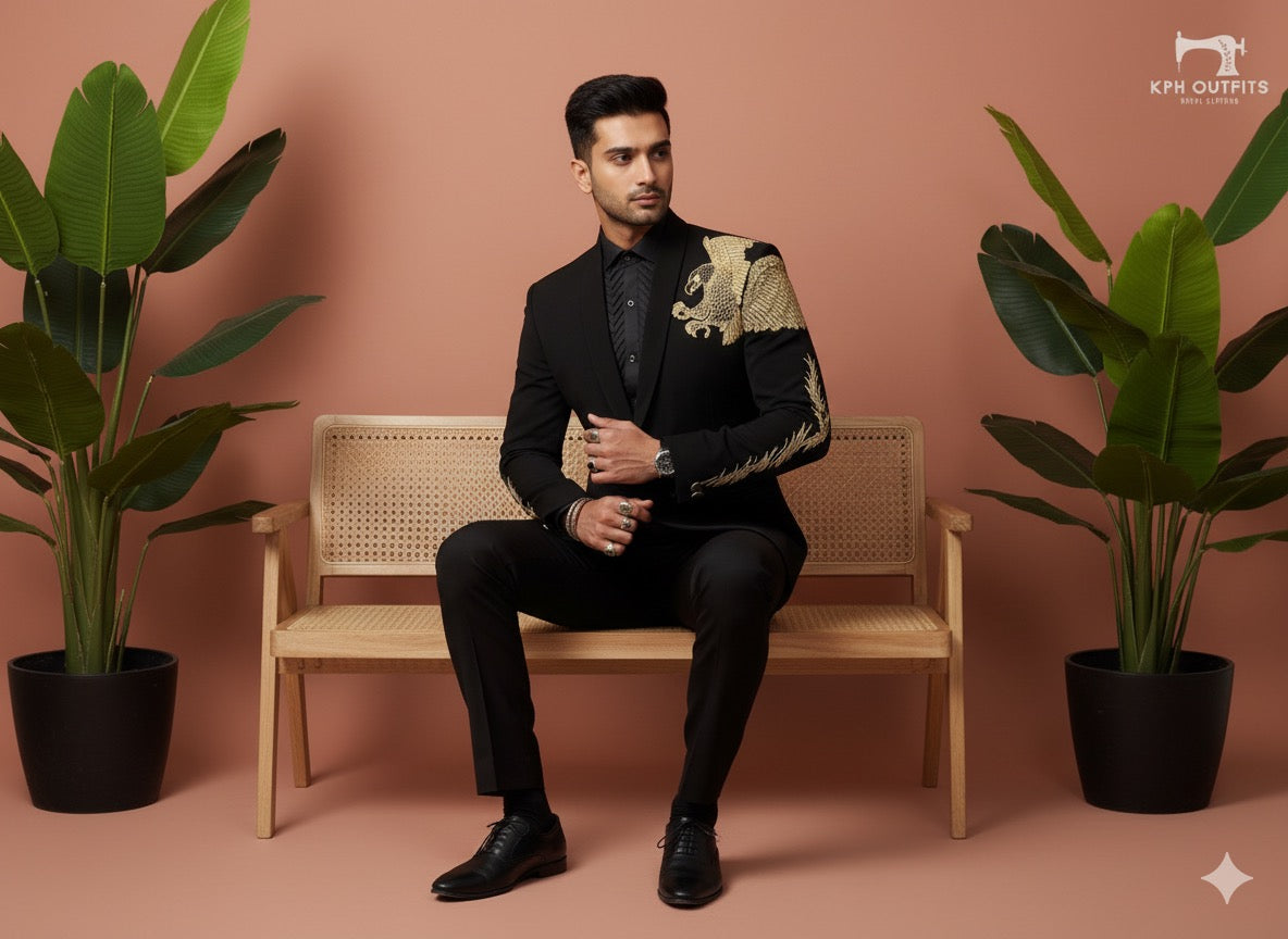 Luxury men's evening wear featuring a unique golden eagle motif