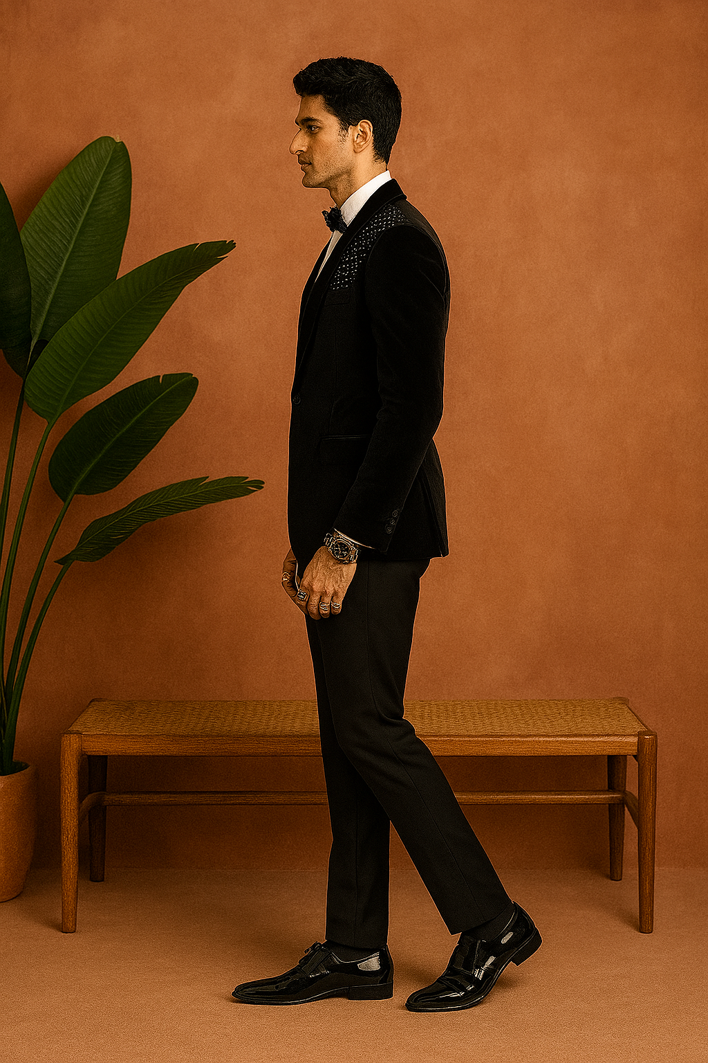 A photograph of a man in a stylish Jodhpuri set, highlighting the quality of the fabric and the unique design.


