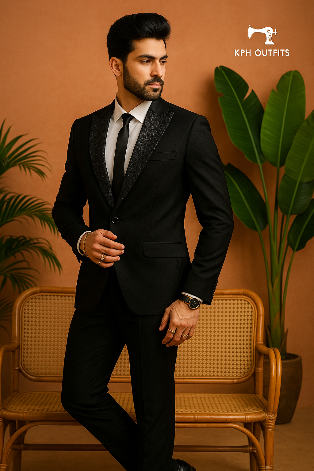 Men's Handcrafted Black Peak Lapel Tuxedo in Japanese Fabric- KPH Outfits