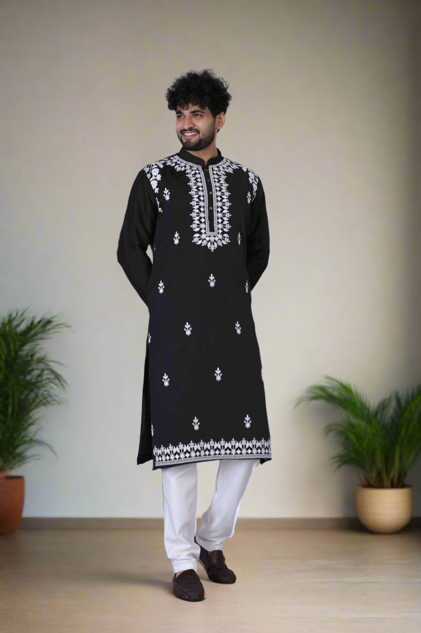 Men's black embroidered kurta set in cotton silk fabric.