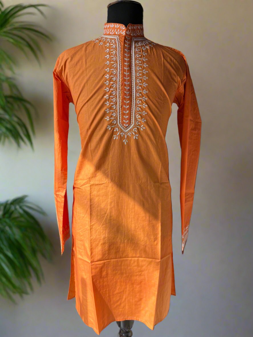 Front view of Orange Cotton Kurta Set for Men with Intricate Neck Detailing