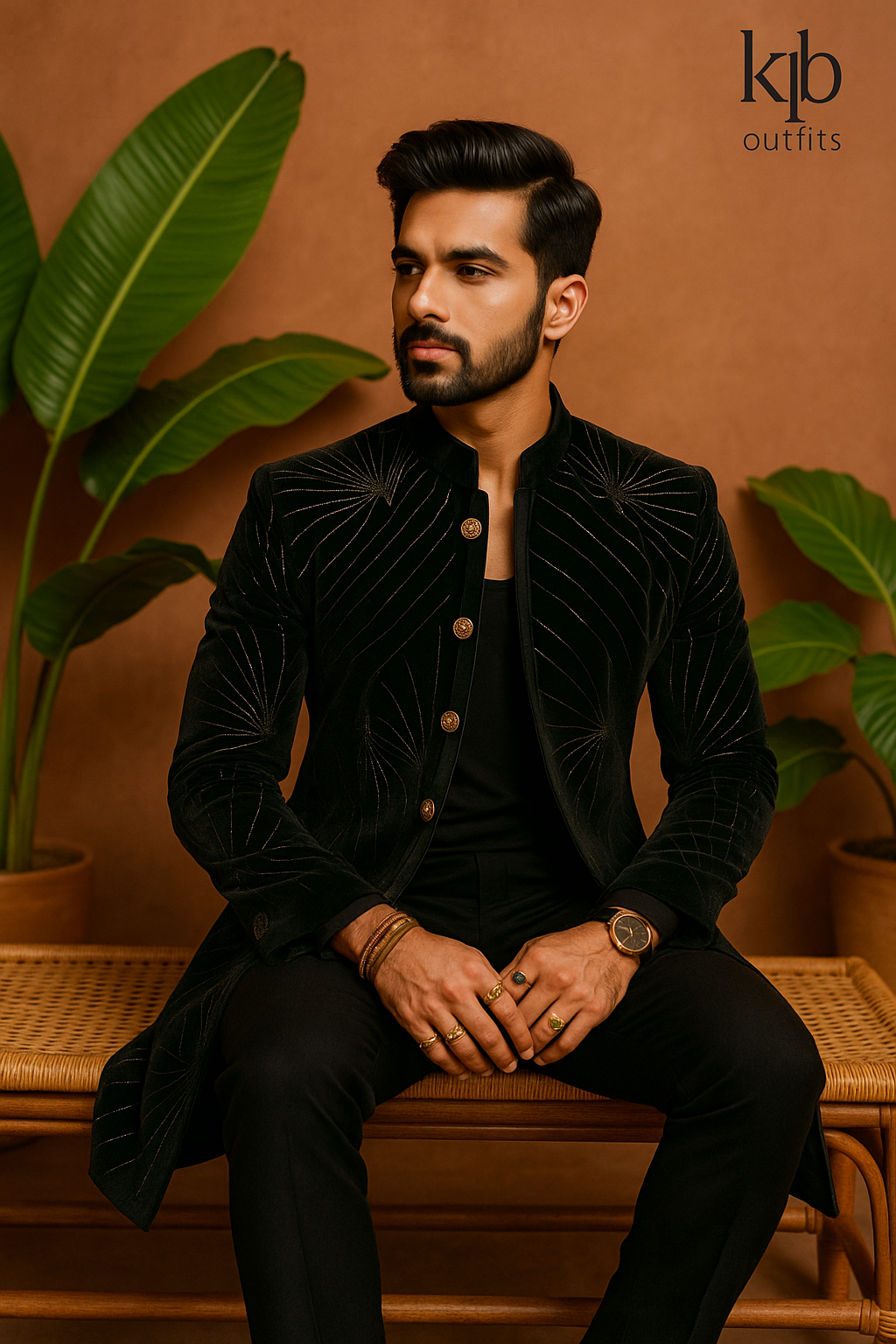 Men's Black Handcrafted Cut Dana Work Open Indo-Western Set by KPH Outfits