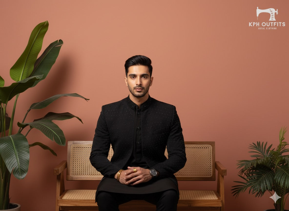 Designer black Armani fabric kurta set with long open jacket