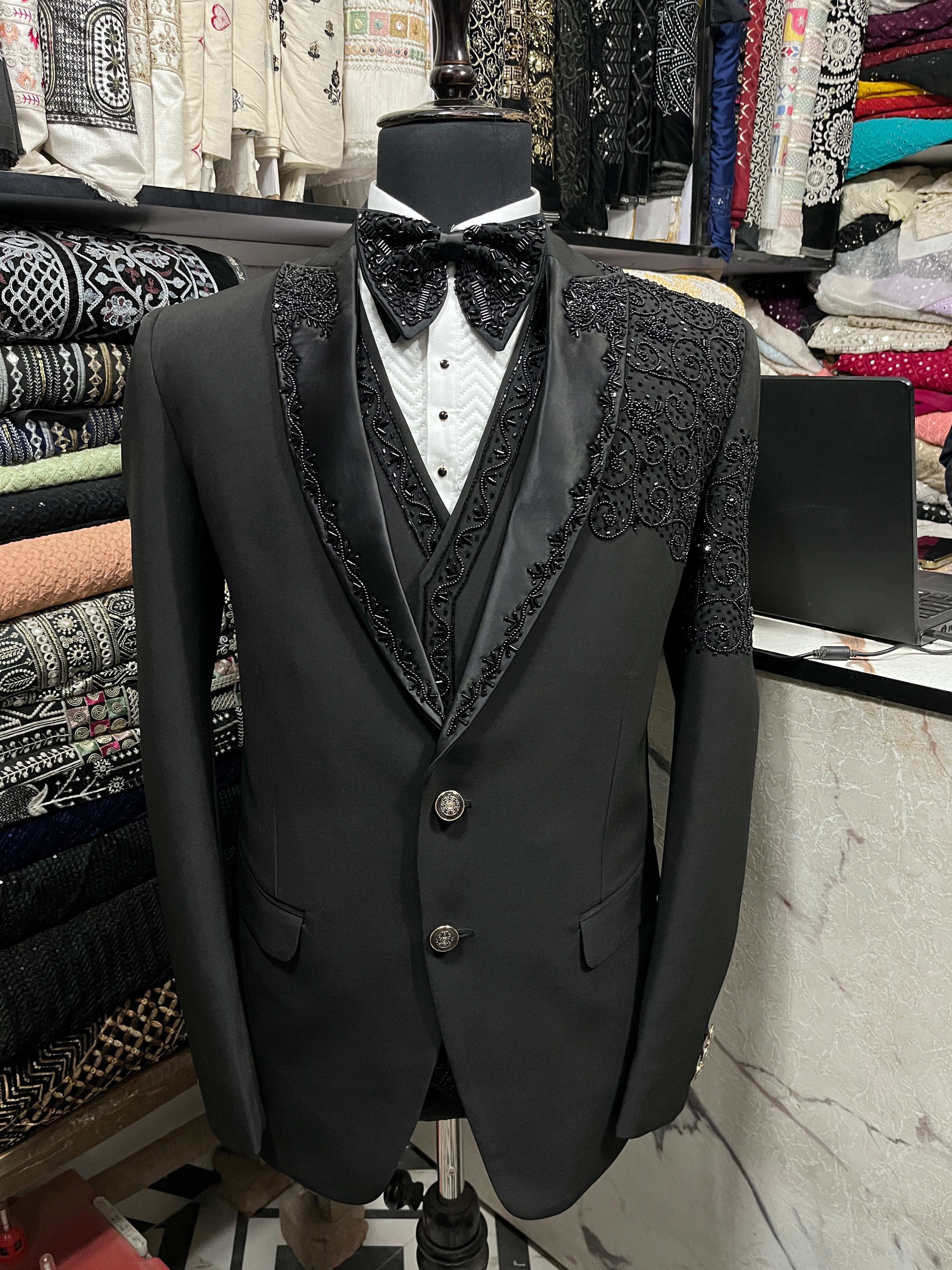 Men's Black Handcrafted Beads Work Tuxedo Suit