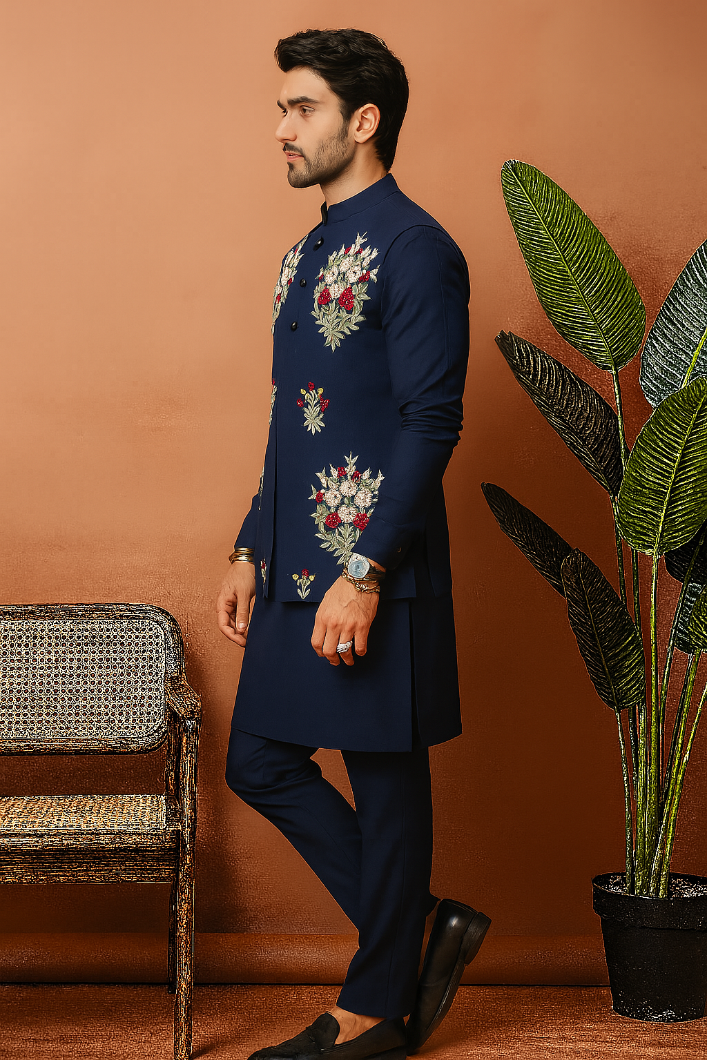 Sangeet Night Special Navy Blue Embellished Waistcoat Set