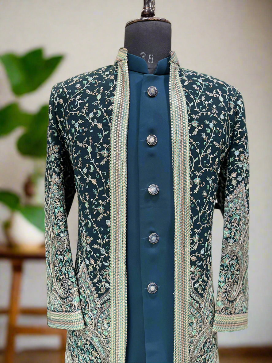 Teal Blue Kalamkari Embroidered Open Indo-Western Set for Men – KPH Outfits