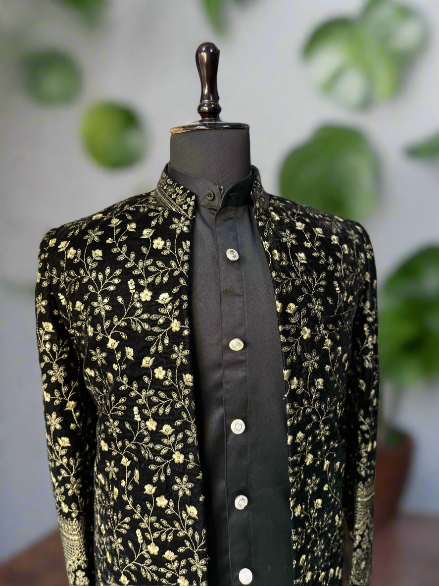 Men's Black Velvet Open Indo Western Set by KPH Outfits – Exquisite Designer Wear for Special Occasions