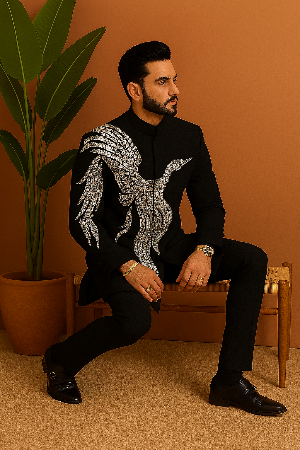 A photograph of a man in a stylish Indo-western set, highlighting the quality of the fabric and the unique design.

